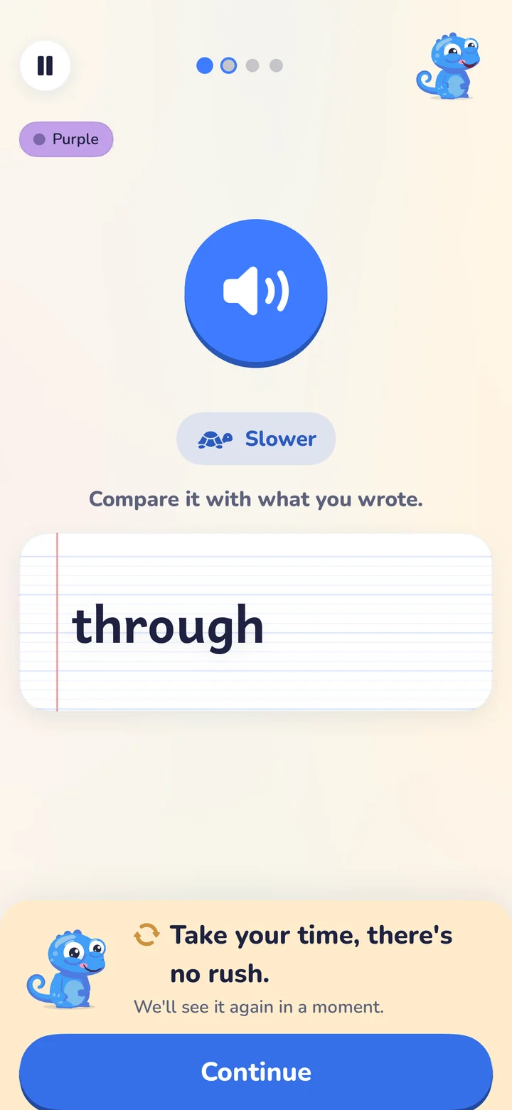 A spellings screen: the big button to hear the word again, ‘Slower’, then ‘Compare it with what you wrote’ and the word ‘through’ on an exercise-book line.