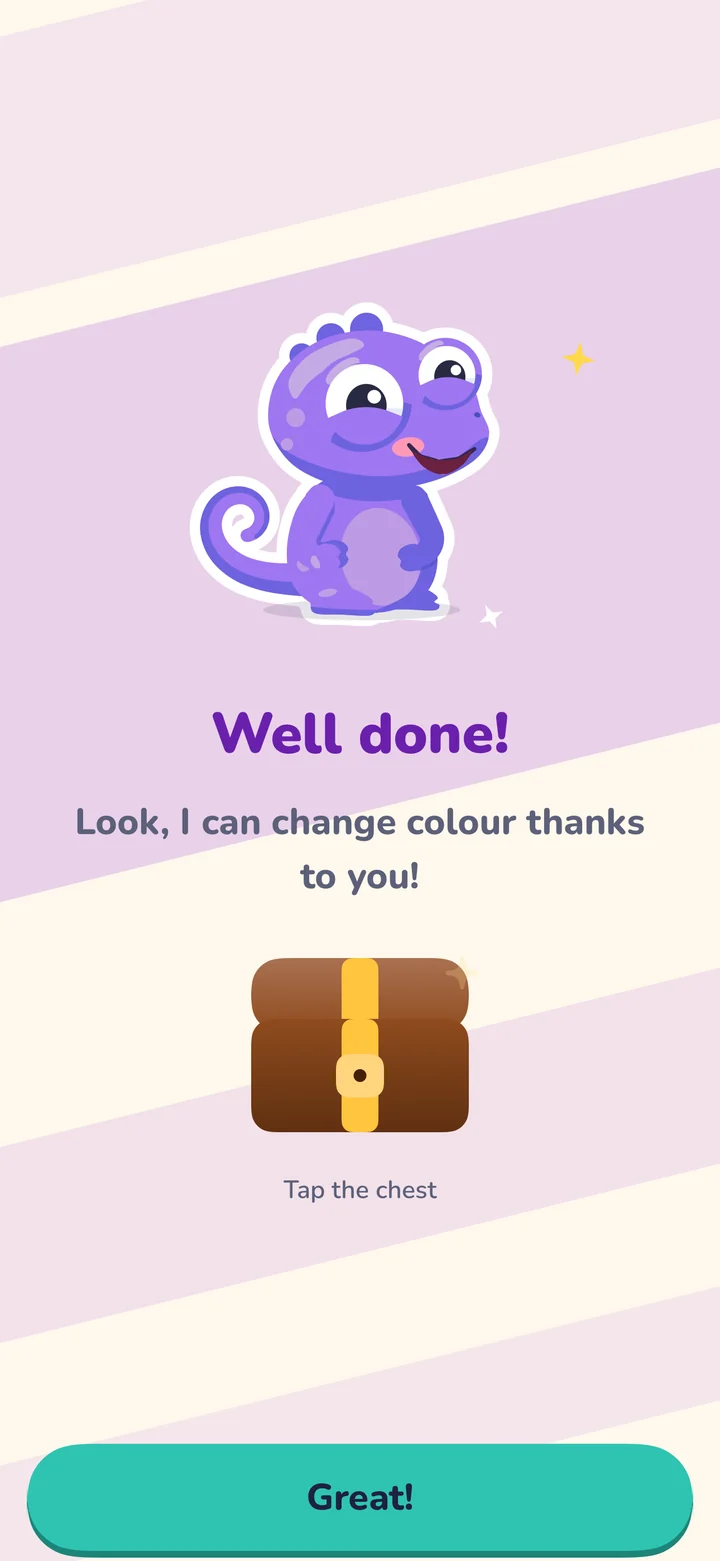 The end of the session: Kamelo, now purple, says ‘Well done! Look, I can change colour thanks to you!’