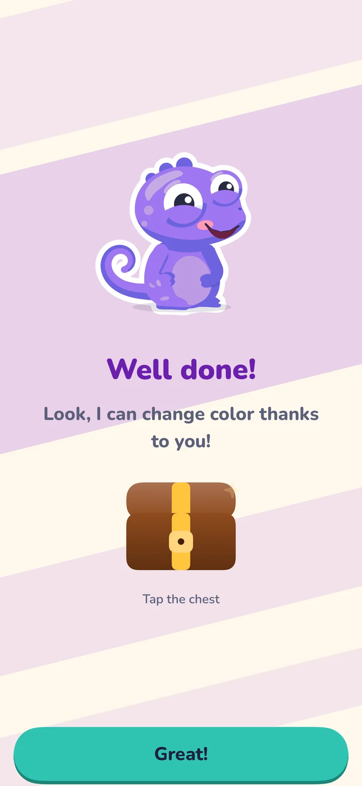 The end of the session: Kamelo, now purple, says “Well done! Look! Thanks to you, I can change colors!”