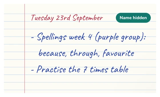 The homework diary photo, with the child’s name hidden.