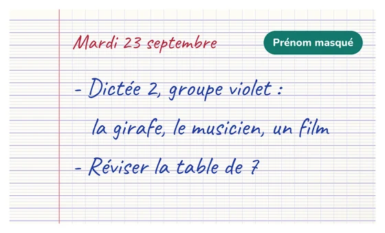La photo du cahier de textes, prénom masqué.